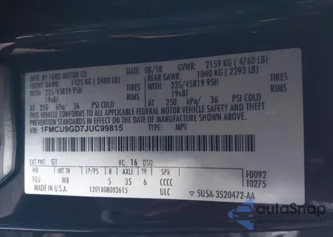 2018 Ford Escape Se из США, поврежденный, VIN 1FMCU9GD7JUC99815